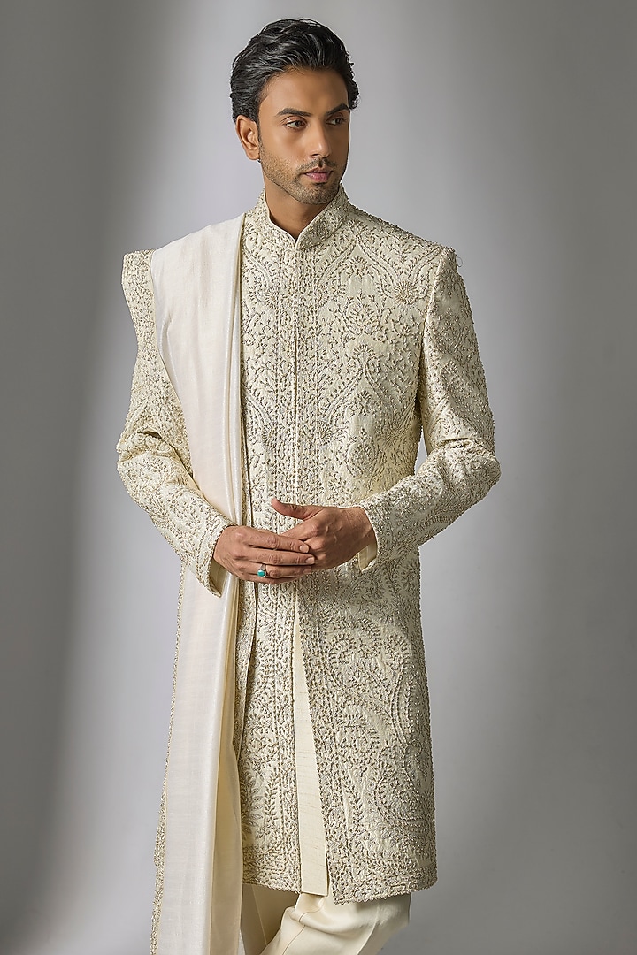Off-White Raw Silk Zari & Zardosi Embroidered Groom Sherwani Set by PARV DESIGN STUDIO at Pernia's Pop Up Shop