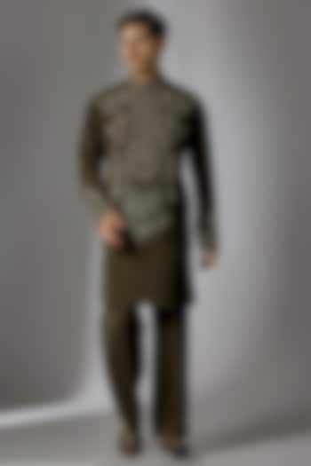 Olive Green Japanese Suiting Cutdana Embroidered Kurta Set by PARV DESIGN STUDIO