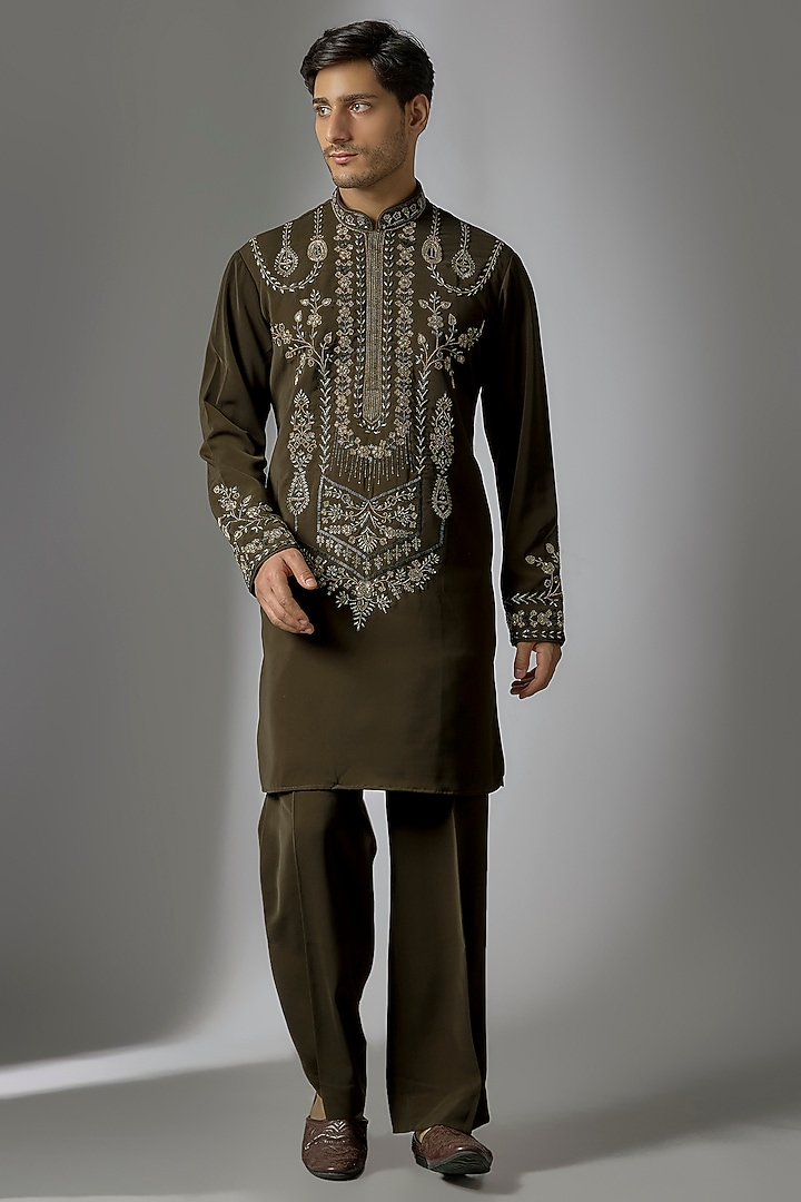 Olive Green Japanese Suiting Cutdana Embroidered Kurta Set by PARV DESIGN STUDIO