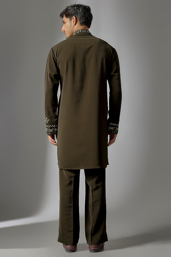 Olive Green Japanese Suiting Cutdana Embroidered Kurta Set by PARV DESIGN STUDIO at Pernia's Pop Up Shop