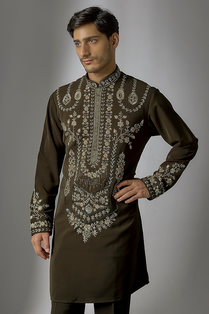Olive Green Japanese Suiting Cutdana Embroidered Kurta Set by PARV DESIGN STUDIO at Pernia's Pop Up Shop