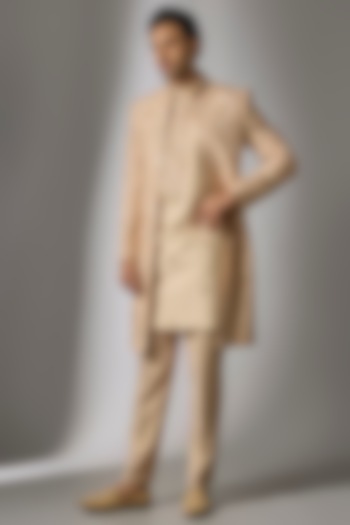 Rustic Peach Tussar Silk Cutdana & Moti Embroidered Wedding Indowestern Set by PARV DESIGN STUDIO at Pernia's Pop Up Shop