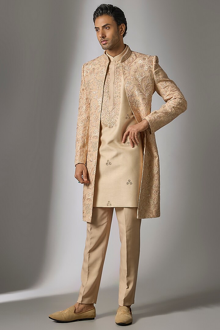 Rustic Peach Tussar Silk Cutdana & Moti Embroidered Wedding Indowestern Set by PARV DESIGN STUDIO at Pernia's Pop Up Shop