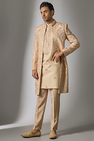 Rustic Peach Tussar Silk Cutdana & Moti Embroidered Indowestern Set by PARV DESIGN STUDIO