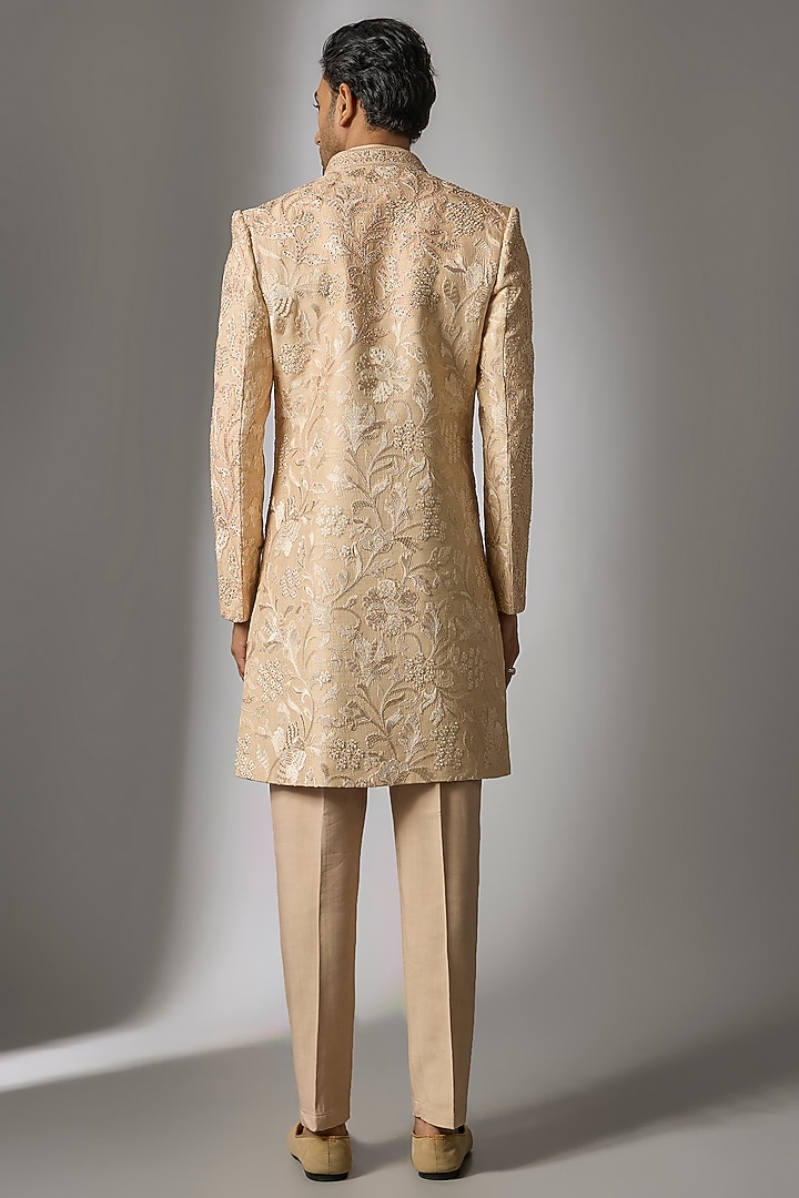 Rustic Peach Tussar Silk Cutdana & Moti Embroidered Wedding Indowestern Set by PARV DESIGN STUDIO at Pernia's Pop Up Shop
