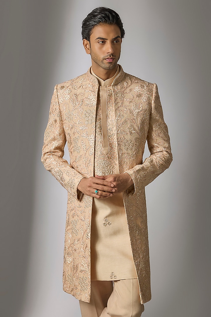 Rustic Peach Tussar Silk Cutdana & Moti Embroidered Wedding Indowestern Set by PARV DESIGN STUDIO at Pernia's Pop Up Shop