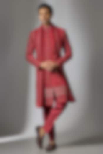 Red Knitted Velvet Cutdana & Zari Embroidered Sherwani Set by PARV DESIGN STUDIO