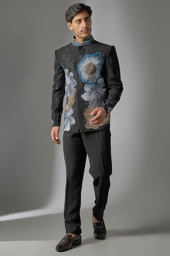 Jet Black Japanese Suiting 3D Applique Embroidered Bandhgala Set by PARV DESIGN STUDIO