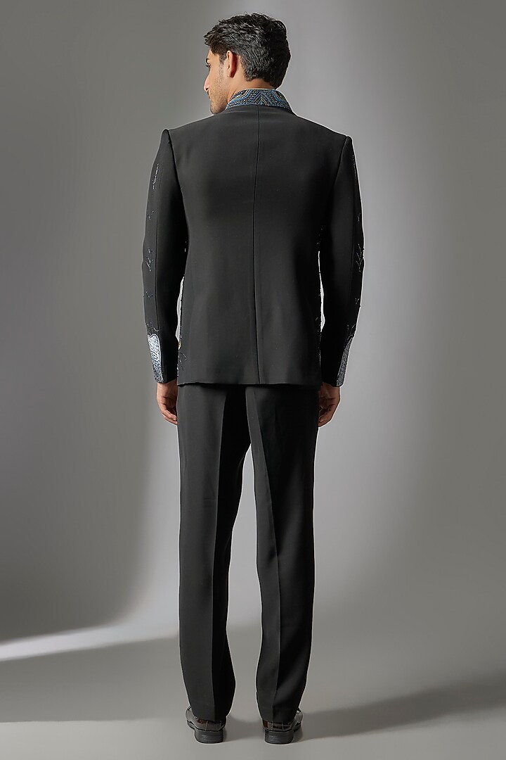 Jet Black Japanese Suiting 3D Applique Embroidered Wedding Bandhgala Set by PARV DESIGN STUDIO at Pernia's Pop Up Shop