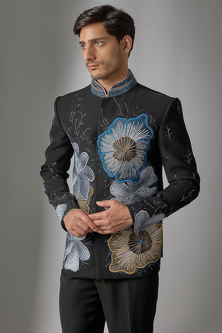 Jet Black Japanese Suiting 3D Applique Embroidered Wedding Bandhgala Set by PARV DESIGN STUDIO at Pernia's Pop Up Shop