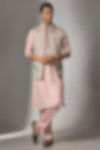 Pink Chanderi Silk Resham & Thread Embroidered Nehru Jacket Set by PARV DESIGN STUDIO