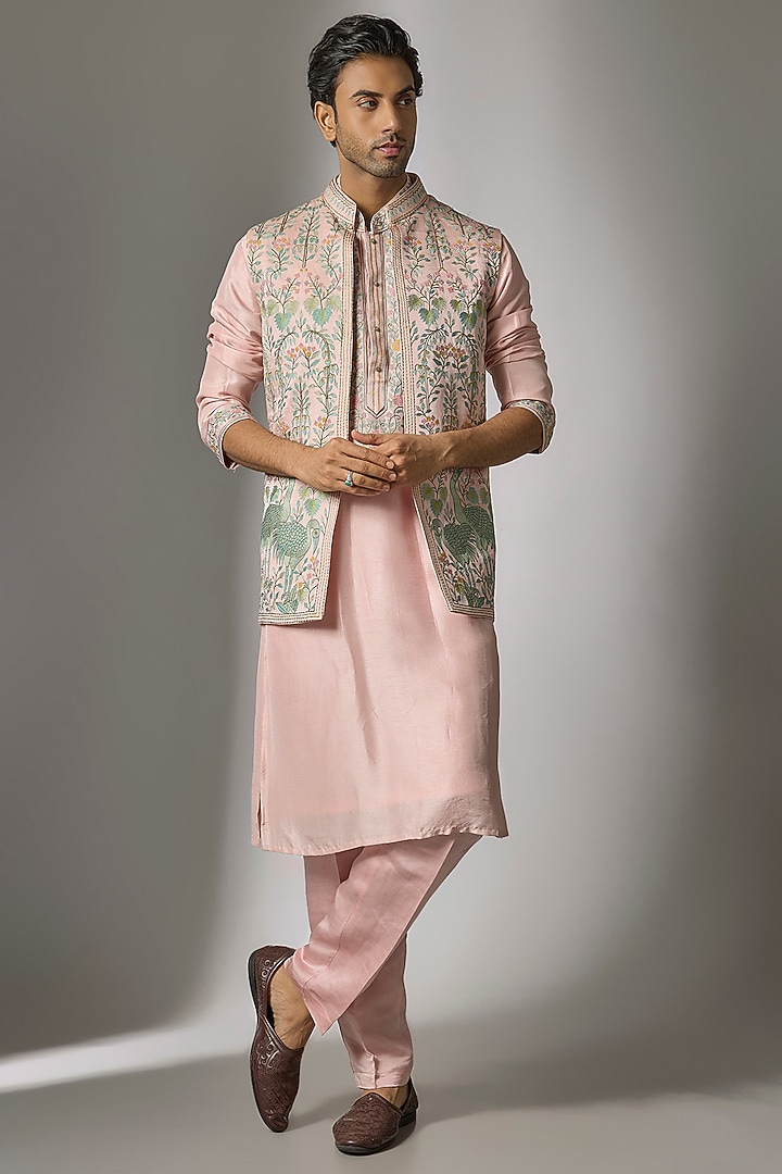 Pink Chanderi Silk Resham & Thread Embroidered Nehru Jacket Set by PARV DESIGN STUDIO