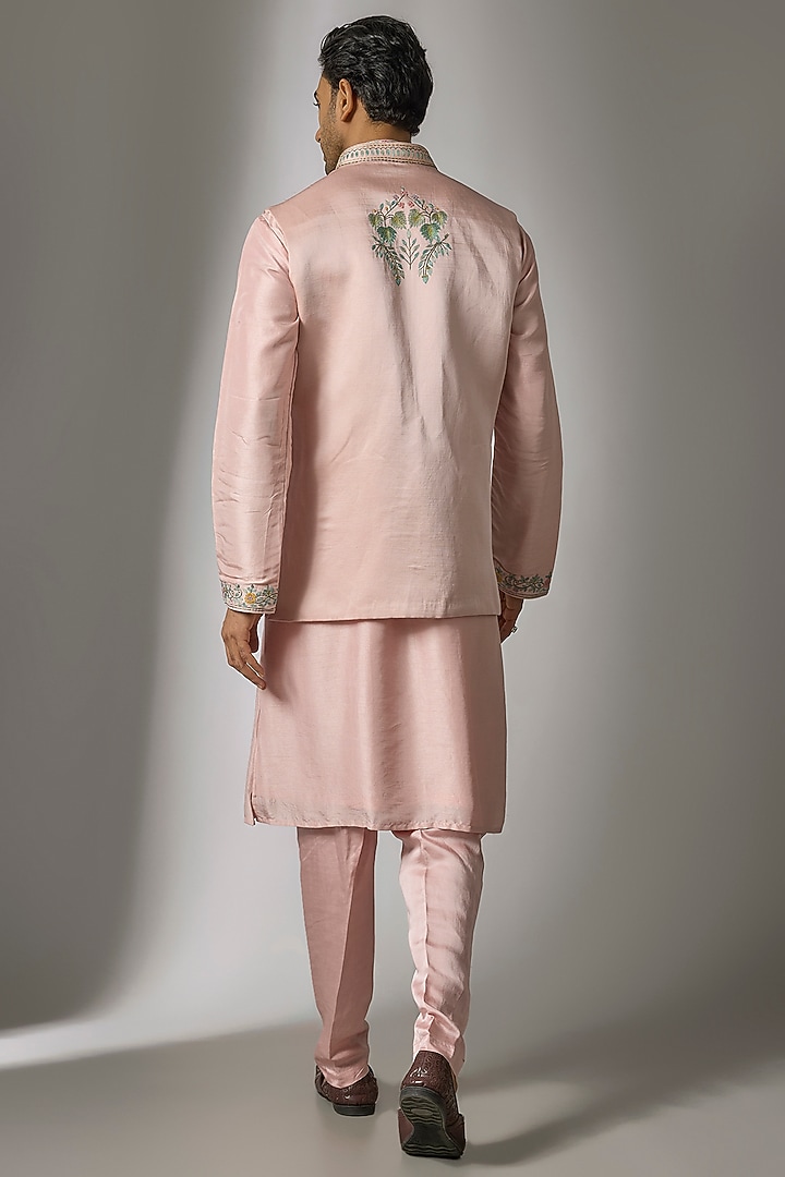 Pink Chanderi Silk Resham & Thread Embroidered Nehru Jacket Set by PARV DESIGN STUDIO at Pernia's Pop Up Shop