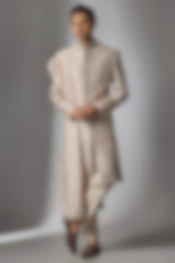 Dusty Lavender Moonga Silk Cutdana Embroidered Sherwani Set by PARV DESIGN STUDIO