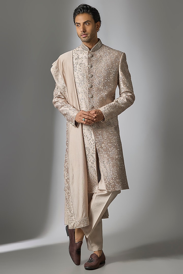 Dusty Lavender Moonga Silk Cutdana Embroidered Sherwani Set by PARV DESIGN STUDIO