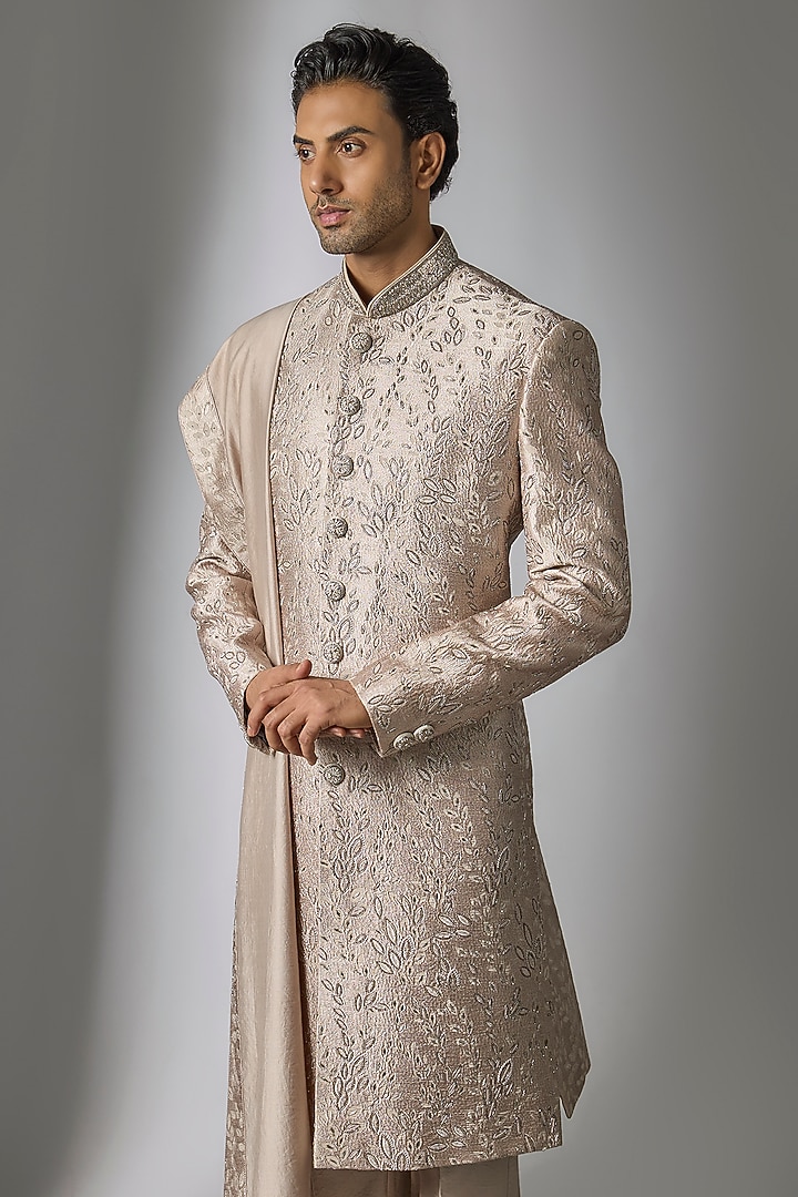 Dusty Lavender Moonga Silk Cutdana Embroidered Wedding Sherwani Set by PARV DESIGN STUDIO at Pernia's Pop Up Shop