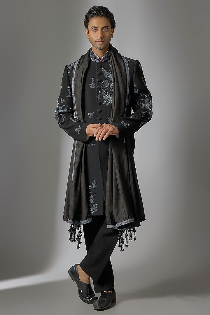 Jet Black Japanese Suiting Cutdana Embroidered Wedding Indowestern Set by PARV DESIGN STUDIO at Pernia's Pop Up Shop