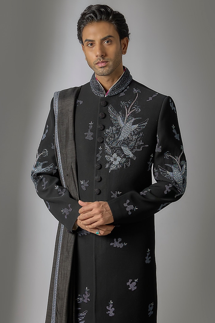 Jet Black Japanese Suiting Cutdana Embroidered Wedding Indowestern Set by PARV DESIGN STUDIO at Pernia's Pop Up Shop