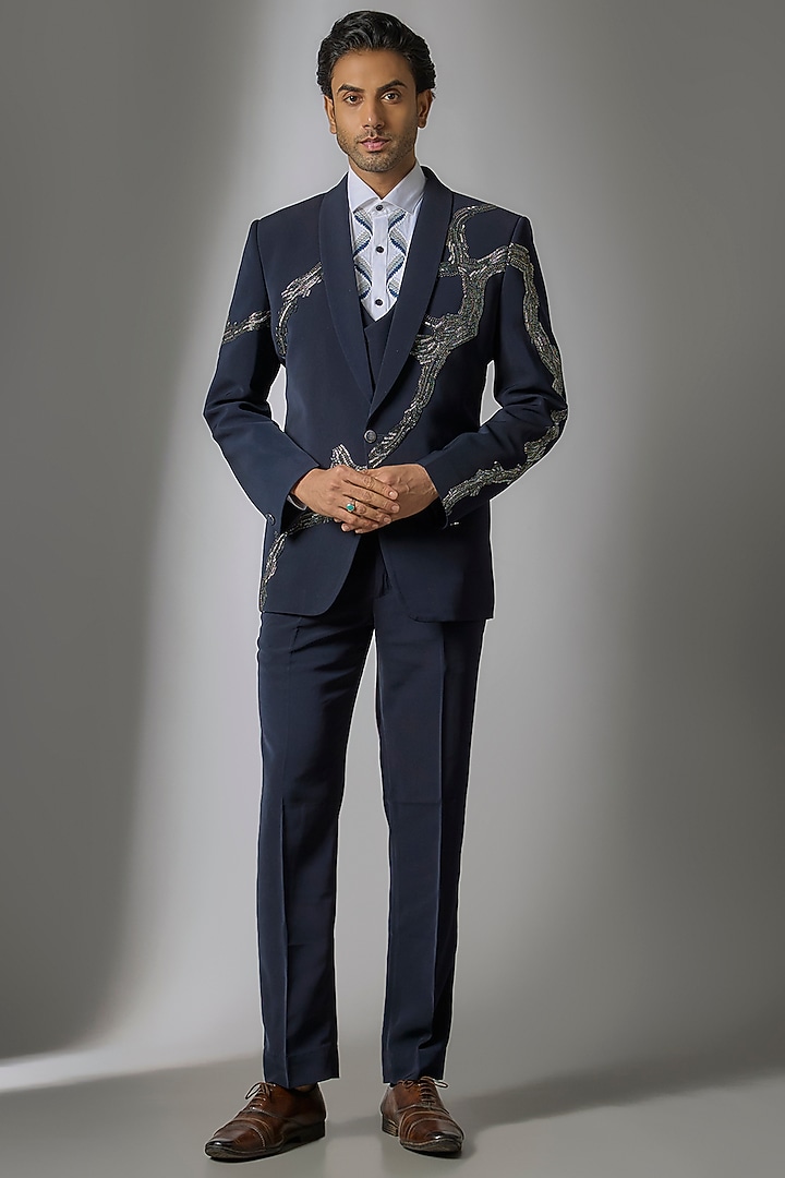 Deep Navy Japanese Suiting Cutdana Embroidered Tuxedo Set by PARV DESIGN STUDIO