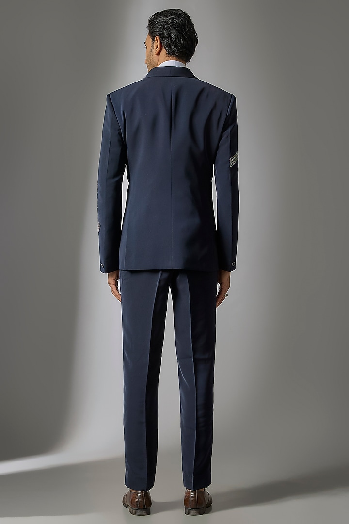 Deep Navy Japanese Suiting Cutdana Embroidered Tuxedo Set by PARV DESIGN STUDIO at Pernia's Pop Up Shop