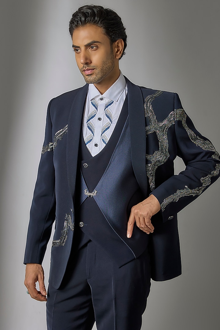 Deep Navy Japanese Suiting Cutdana Embroidered Tuxedo Set by PARV DESIGN STUDIO at Pernia's Pop Up Shop