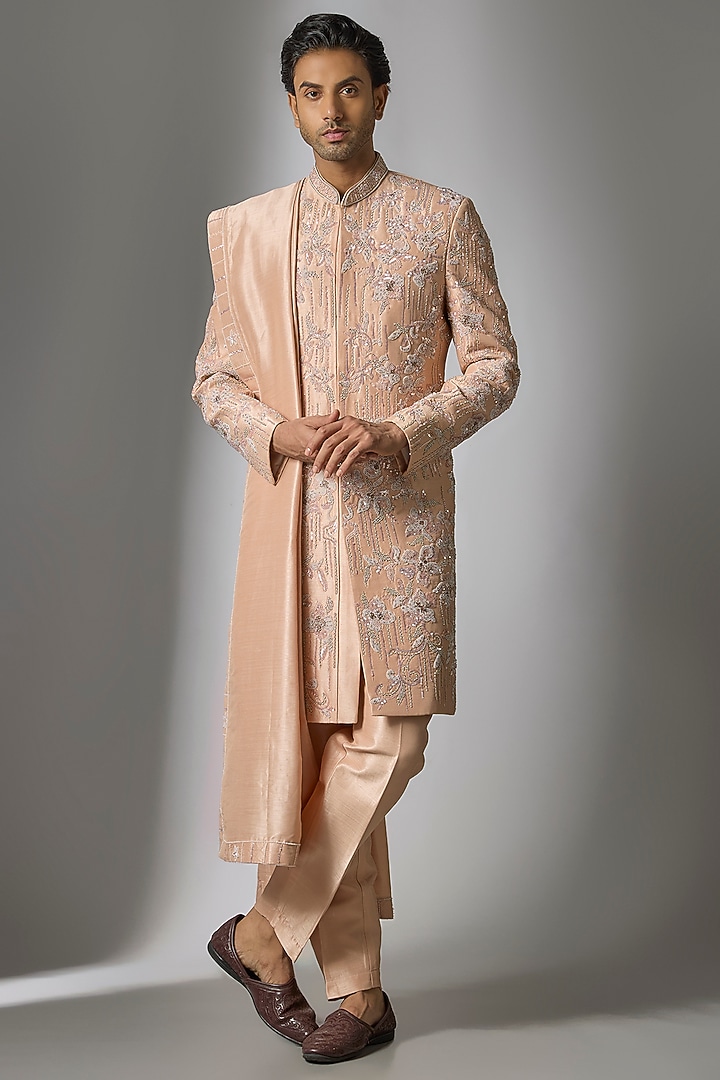 Rose Gold Mulberry Silk Resham Embroidered Sherwani Set by PARV DESIGN STUDIO