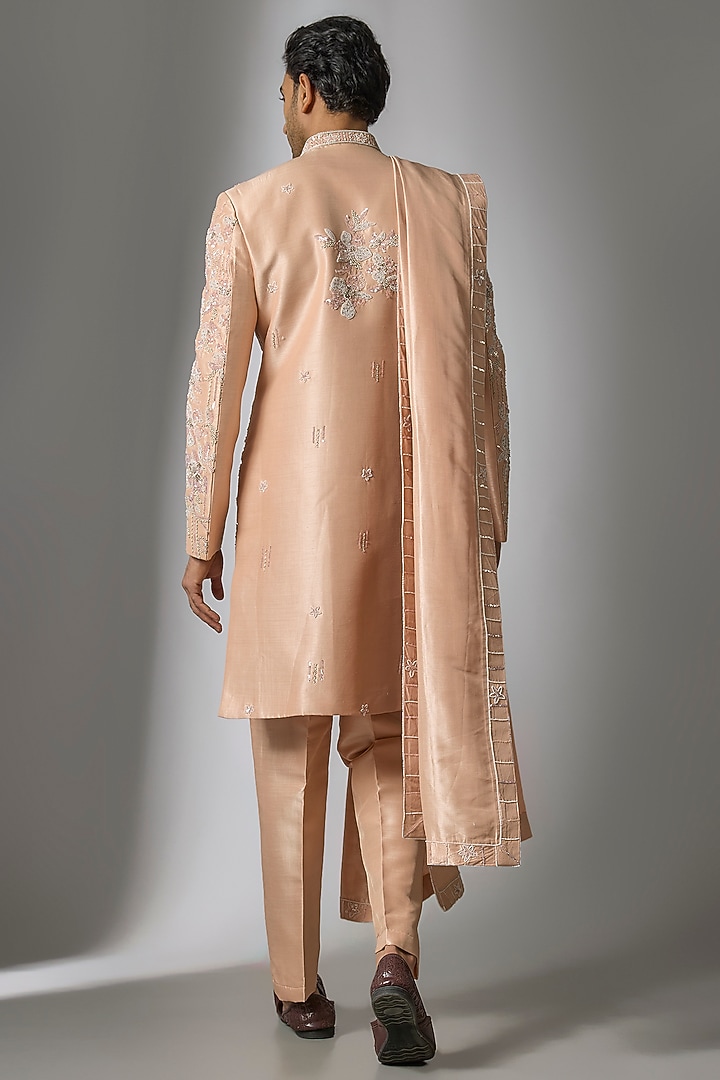 Rose Gold Mulberry Silk Resham Embroidered Groom Sherwani Set by PARV DESIGN STUDIO at Pernia's Pop Up Shop