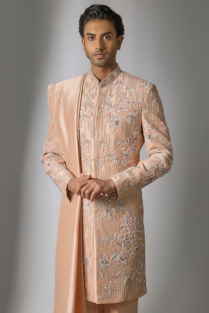 Rose Gold Mulberry Silk Resham Embroidered Groom Sherwani Set by PARV DESIGN STUDIO at Pernia's Pop Up Shop