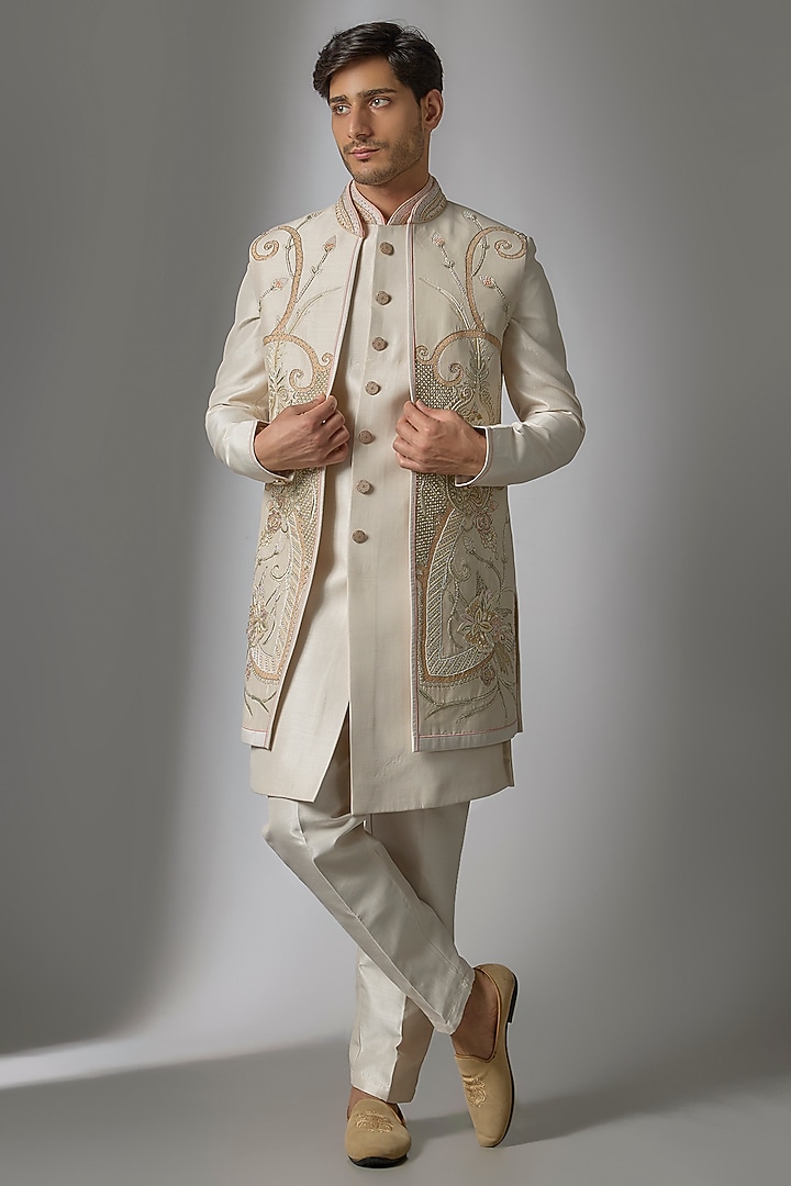 Cream Chanderi Silk Resham Embroidered Indowestern Set by PARV DESIGN STUDIO