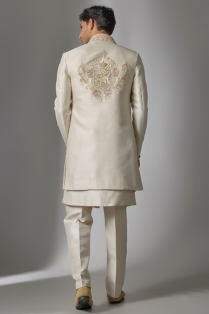 Cream Chanderi Silk Resham Embroidered Wedding Indowestern Set by PARV DESIGN STUDIO at Pernia's Pop Up Shop