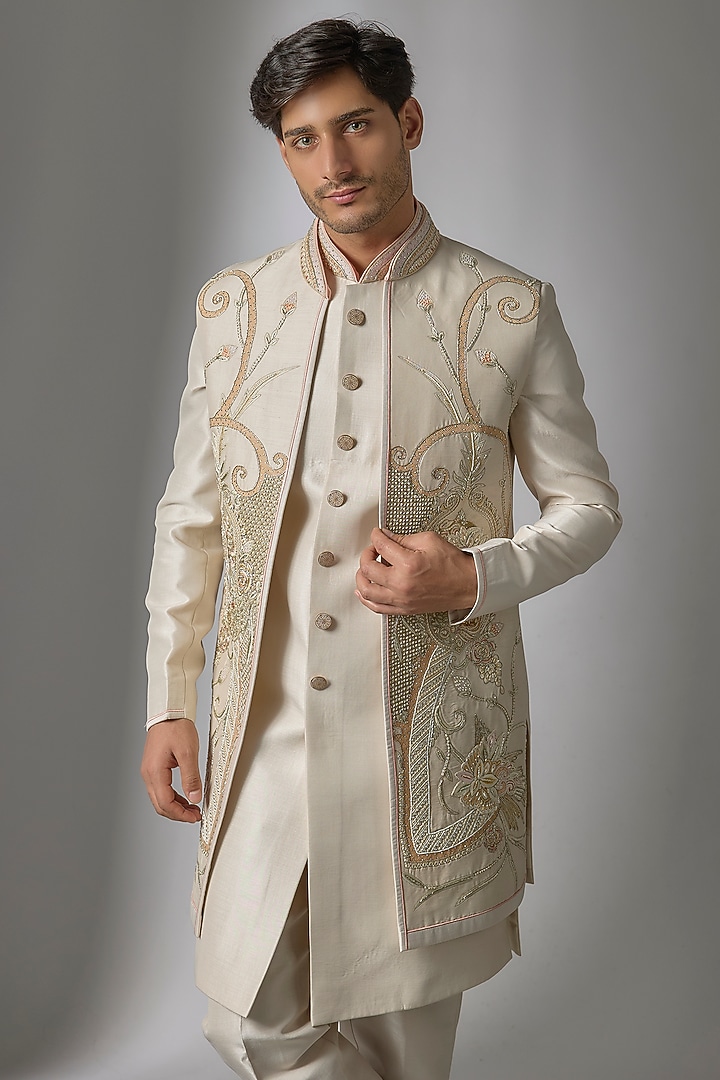 Cream Chanderi Silk Resham Embroidered Wedding Indowestern Set by PARV DESIGN STUDIO at Pernia's Pop Up Shop