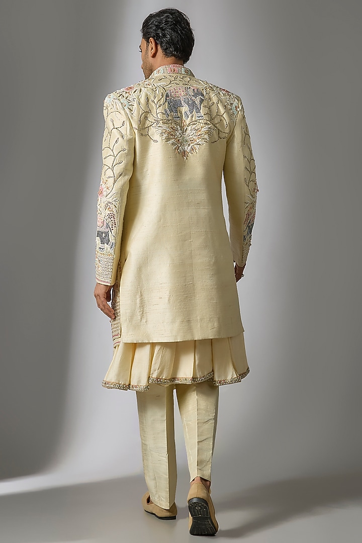 Gold Raw Silk Resham & Cutdana Embroidered Groom Sherwani Set by PARV DESIGN STUDIO at Pernia's Pop Up Shop