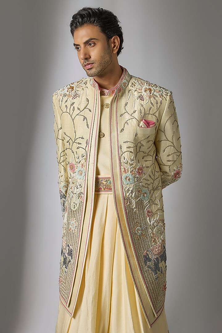 Gold Raw Silk Resham & Cutdana Embroidered Groom Sherwani Set by PARV DESIGN STUDIO at Pernia's Pop Up Shop