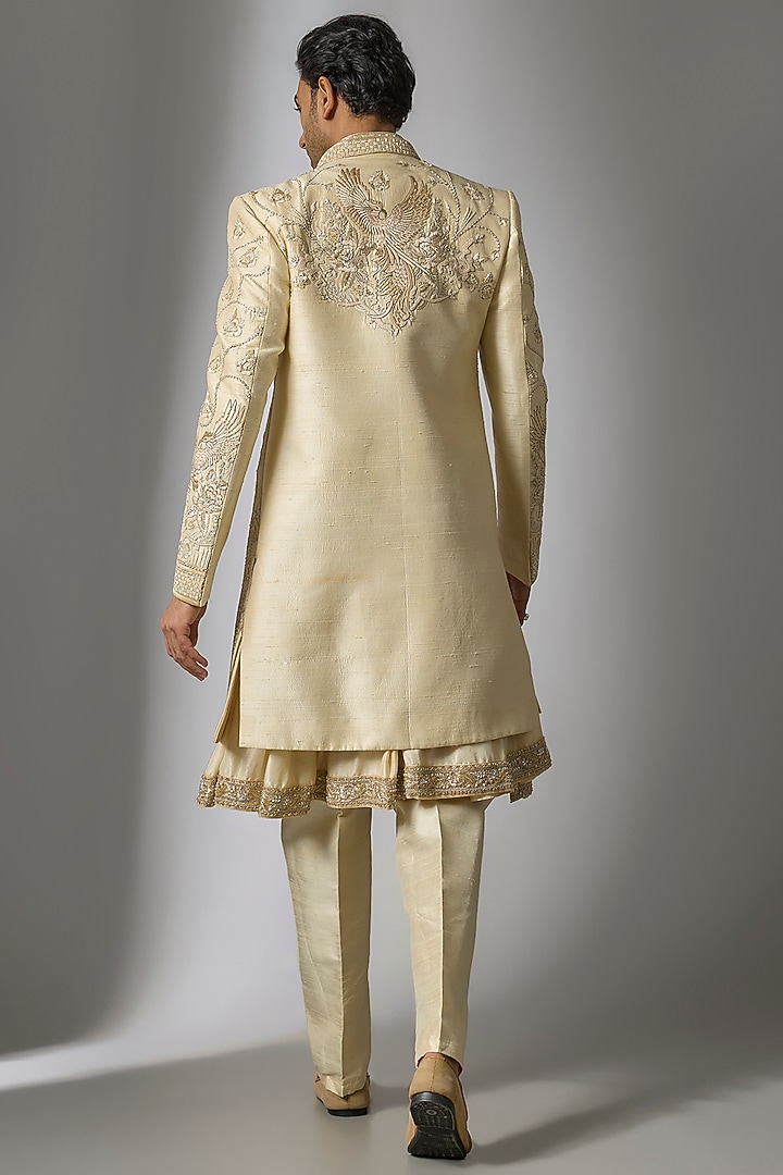 Gold Raw Silk Resham & Cutdana Embroidered Groom Sherwani Set by PARV DESIGN STUDIO at Pernia's Pop Up Shop