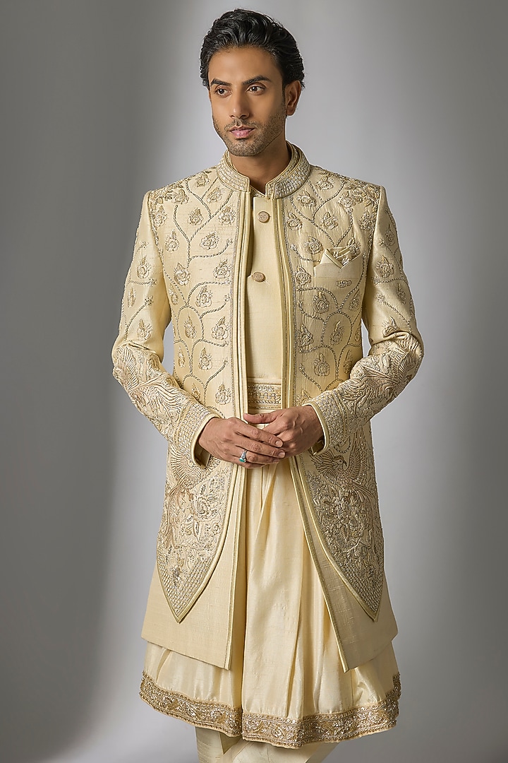 Gold Raw Silk Resham & Cutdana Embroidered Groom Sherwani Set by PARV DESIGN STUDIO at Pernia's Pop Up Shop