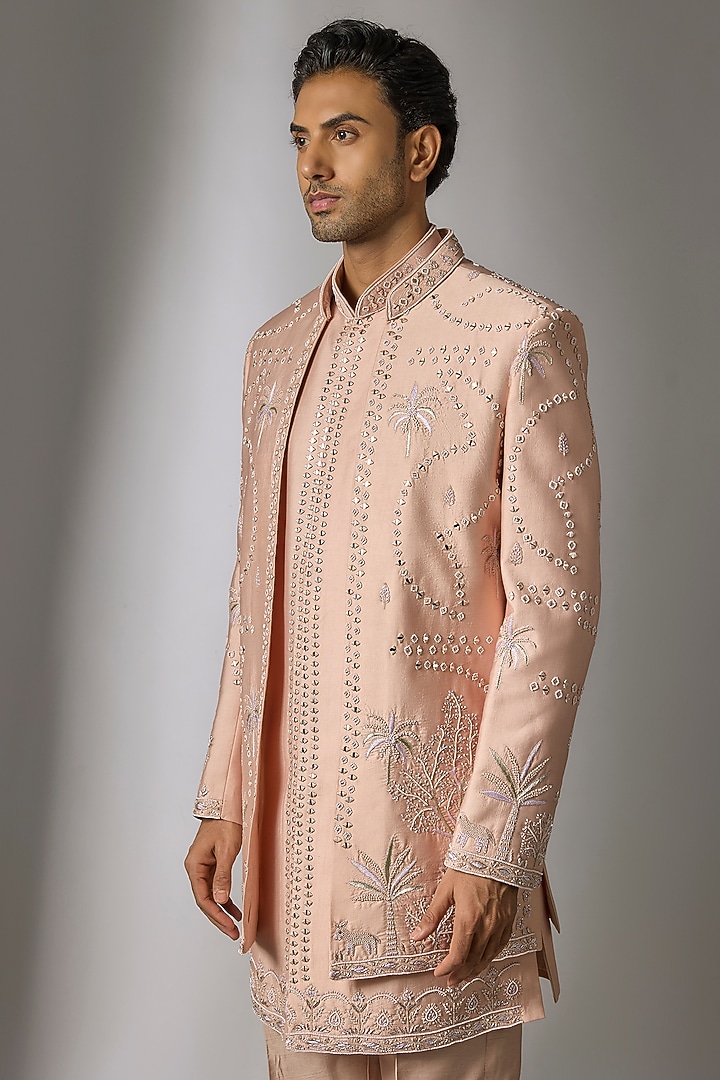 Dusty Pink Chanderi Silk Mirror Embroidered Wedding Indowestern Set by PARV DESIGN STUDIO at Pernia's Pop Up Shop