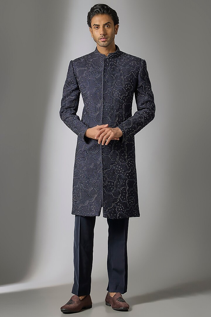 Navy Blue Textured Chanderi Silk Cutdana Embroidered Wedding Indowestern Set by PARV DESIGN STUDIO at Pernia's Pop Up Shop