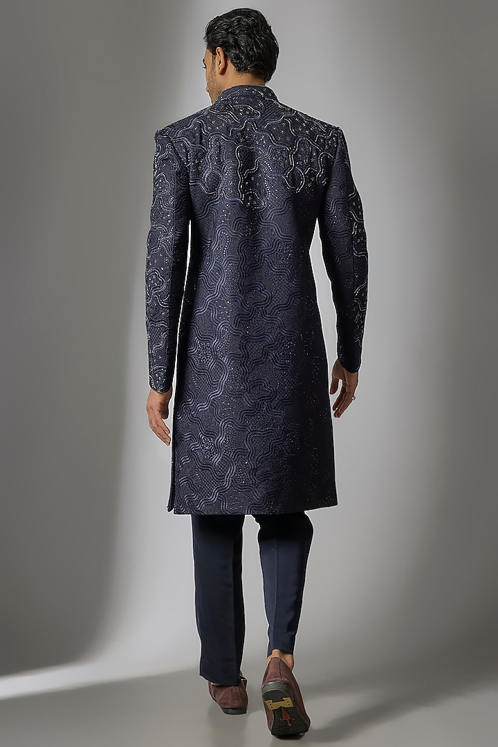 Navy Blue Textured Chanderi Silk Cutdana Embroidered Wedding Indowestern Set by PARV DESIGN STUDIO at Pernia's Pop Up Shop