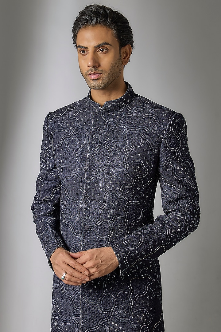 Navy Blue Textured Chanderi Silk Cutdana Embroidered Wedding Indowestern Set by PARV DESIGN STUDIO at Pernia's Pop Up Shop