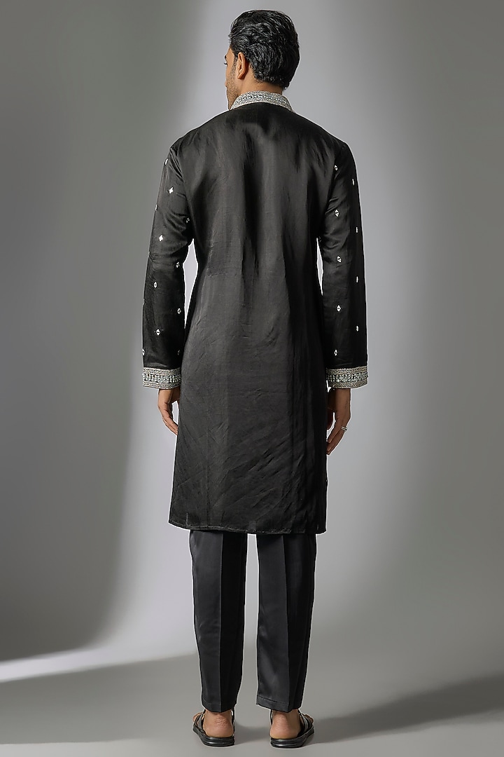 Black Chanderi Satin Silk Mirror Embroidered Kurta Set by PARV DESIGN STUDIO at Pernia's Pop Up Shop