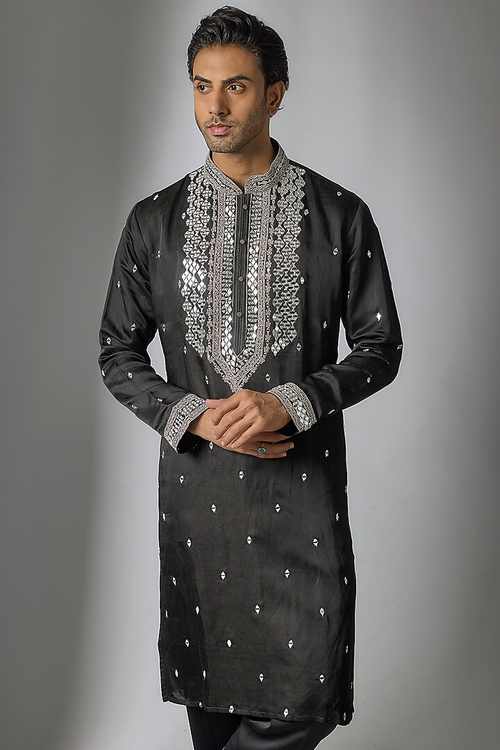 Black Chanderi Satin Silk Mirror Embroidered Kurta Set by PARV DESIGN STUDIO at Pernia's Pop Up Shop