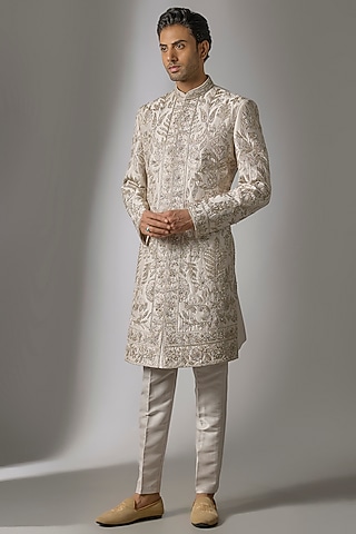 Ash Grey Mulberry Silk Zardosi Embroidered Sherwani Set by PARV DESIGN STUDIO