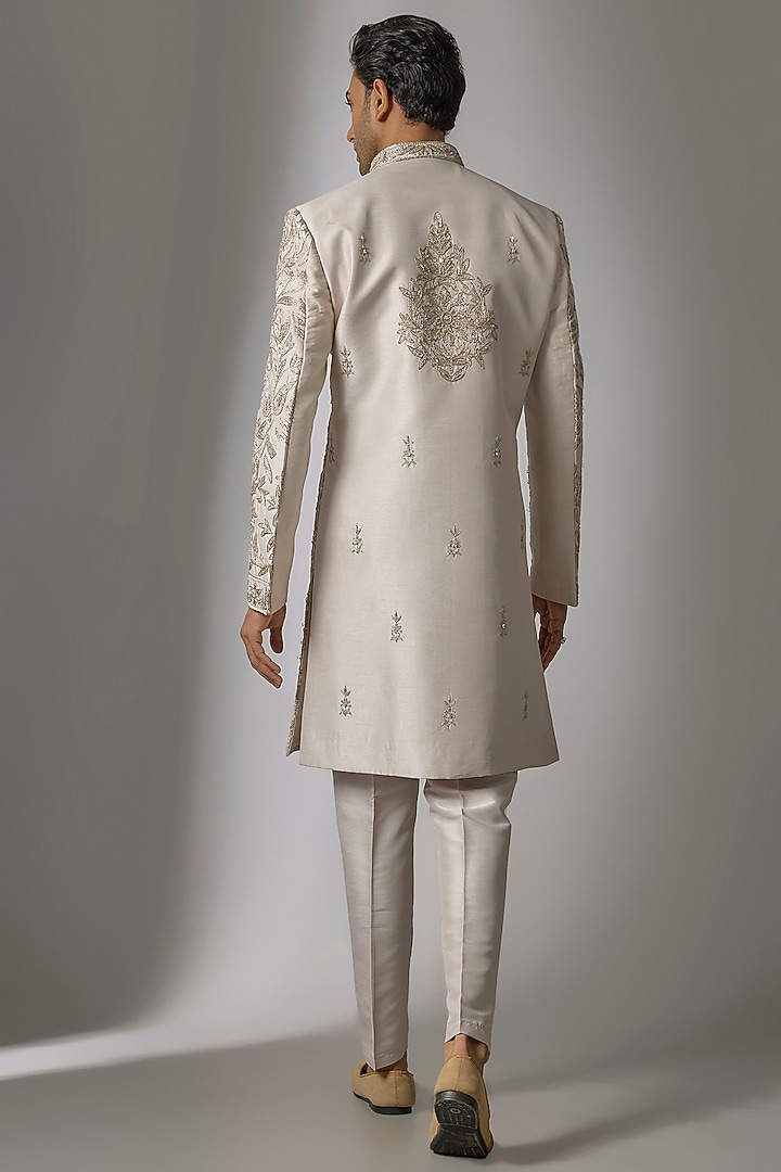 Ash Grey Mulberry Silk Zardosi Embroidered Wedding Sherwani Set by PARV DESIGN STUDIO at Pernia's Pop Up Shop