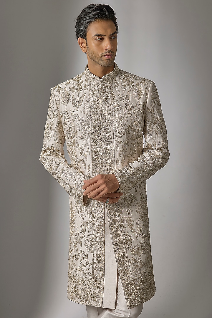 Ash Grey Mulberry Silk Zardosi Embroidered Wedding Sherwani Set by PARV DESIGN STUDIO at Pernia's Pop Up Shop