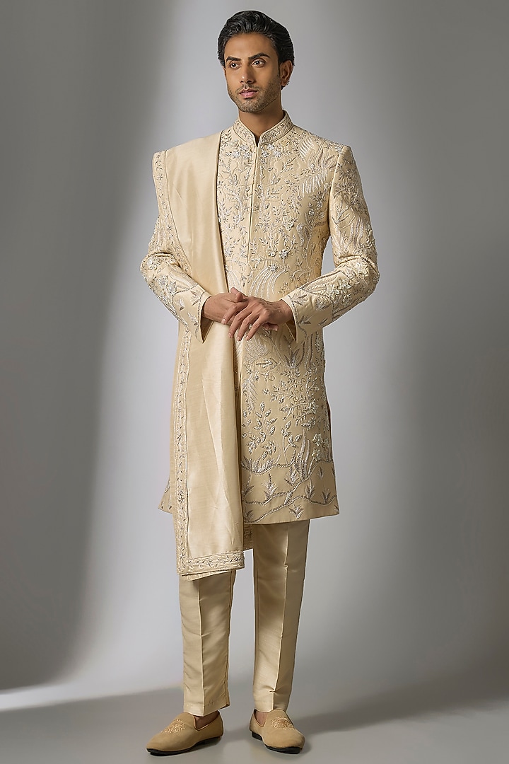 Gold Mulberry Silk Resham Embroidered Sherwani Set by PARV DESIGN STUDIO