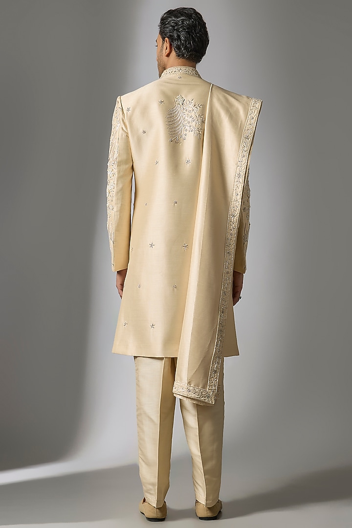 Gold Mulberry Silk Resham Embroidered Groom Sherwani Set by PARV DESIGN STUDIO at Pernia's Pop Up Shop