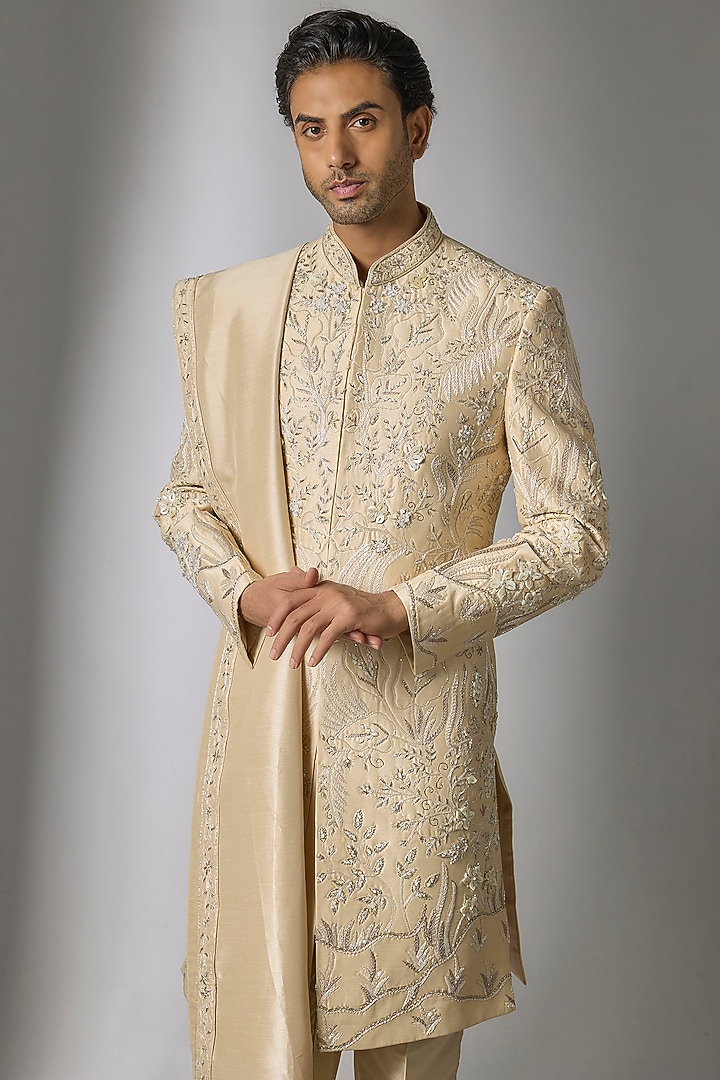 Gold Mulberry Silk Resham Embroidered Groom Sherwani Set by PARV DESIGN STUDIO at Pernia's Pop Up Shop