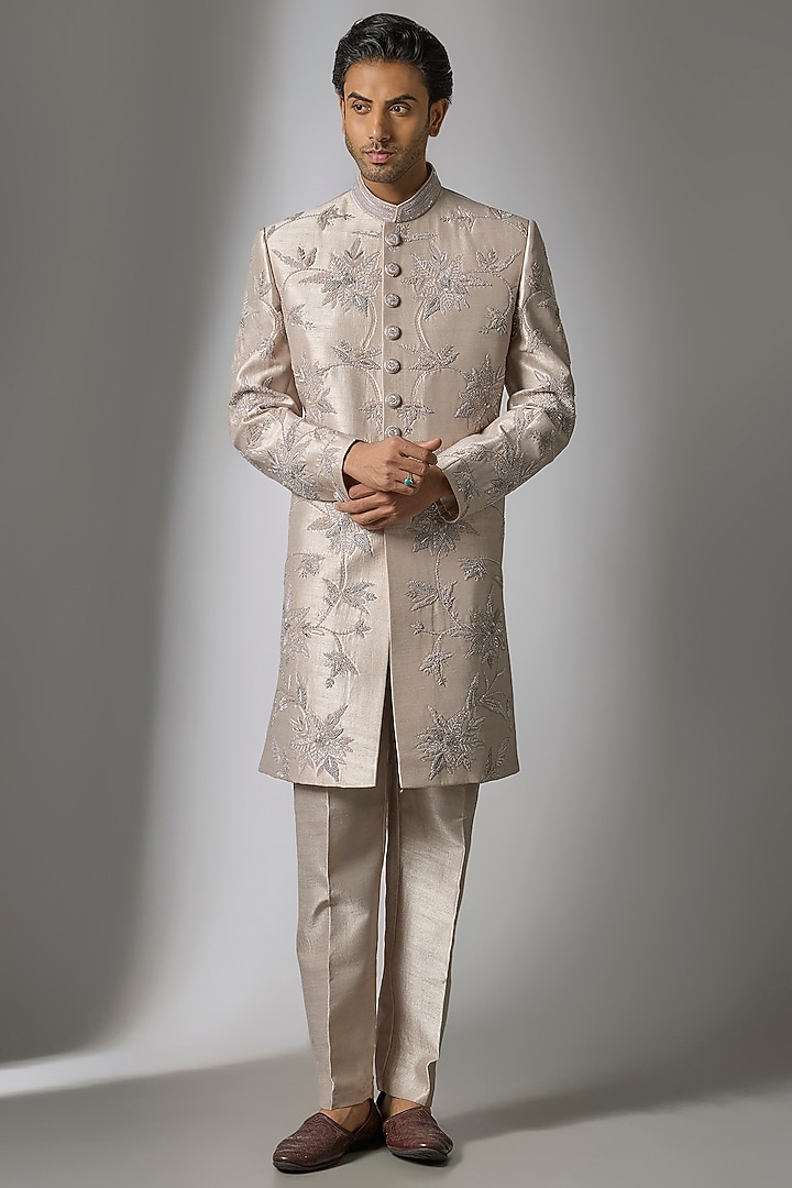 Ash Grey Chanderi Silk Resham Embroidered Indowestern Set by PARV DESIGN STUDIO