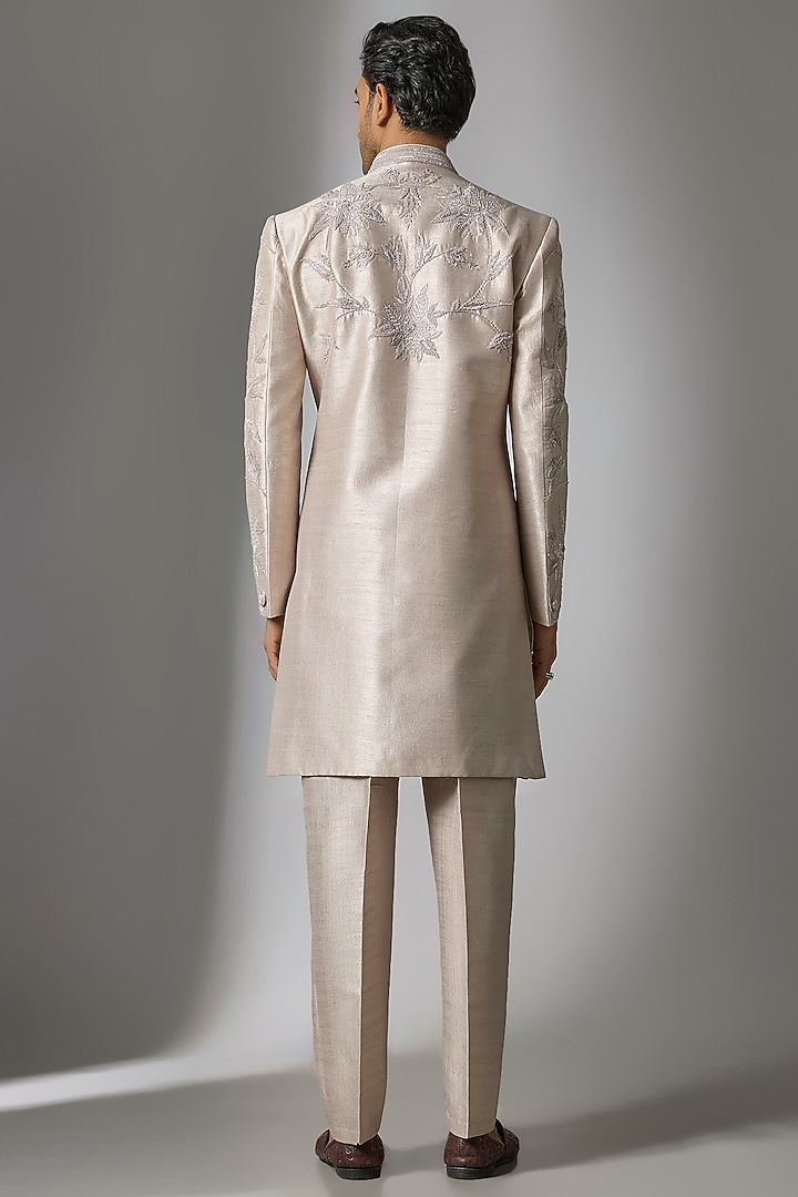 Ash Grey Chanderi Silk Resham Embroidered Wedding Indowestern Set by PARV DESIGN STUDIO at Pernia's Pop Up Shop