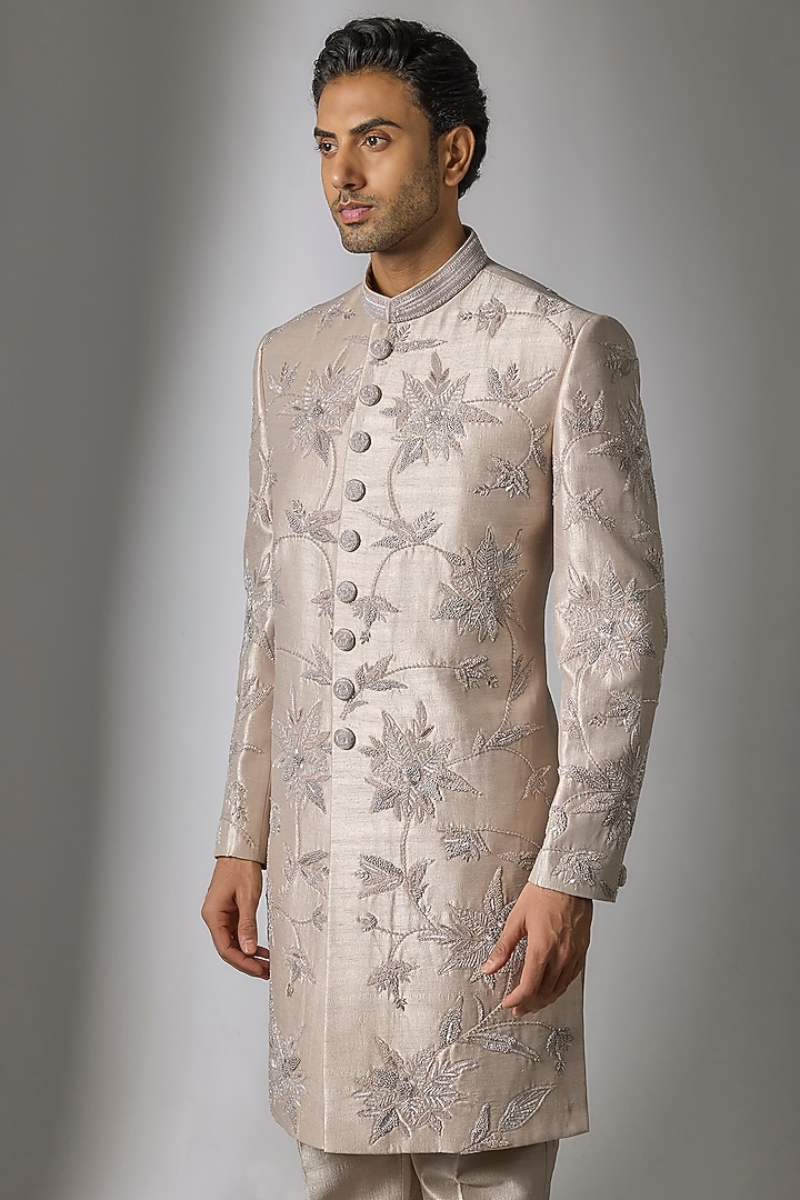 Ash Grey Chanderi Silk Resham Embroidered Wedding Indowestern Set by PARV DESIGN STUDIO at Pernia's Pop Up Shop